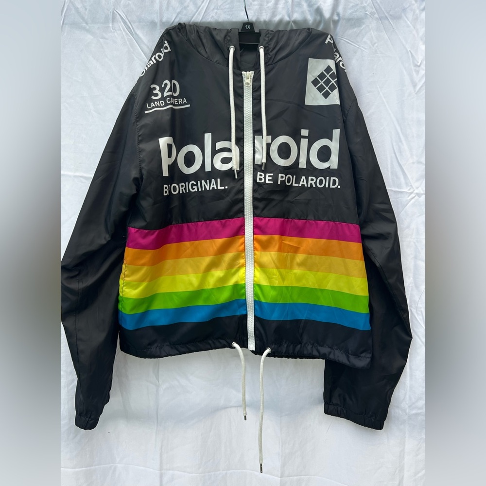 Polaroid Logo Black Rainbow Lightweight Hooded Windbreaker Jacket